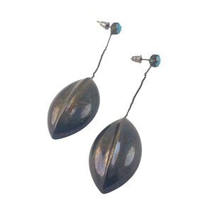 Vintage Style Long Dangle Earrings With Turquoise Studs & Bronze Leaf Design